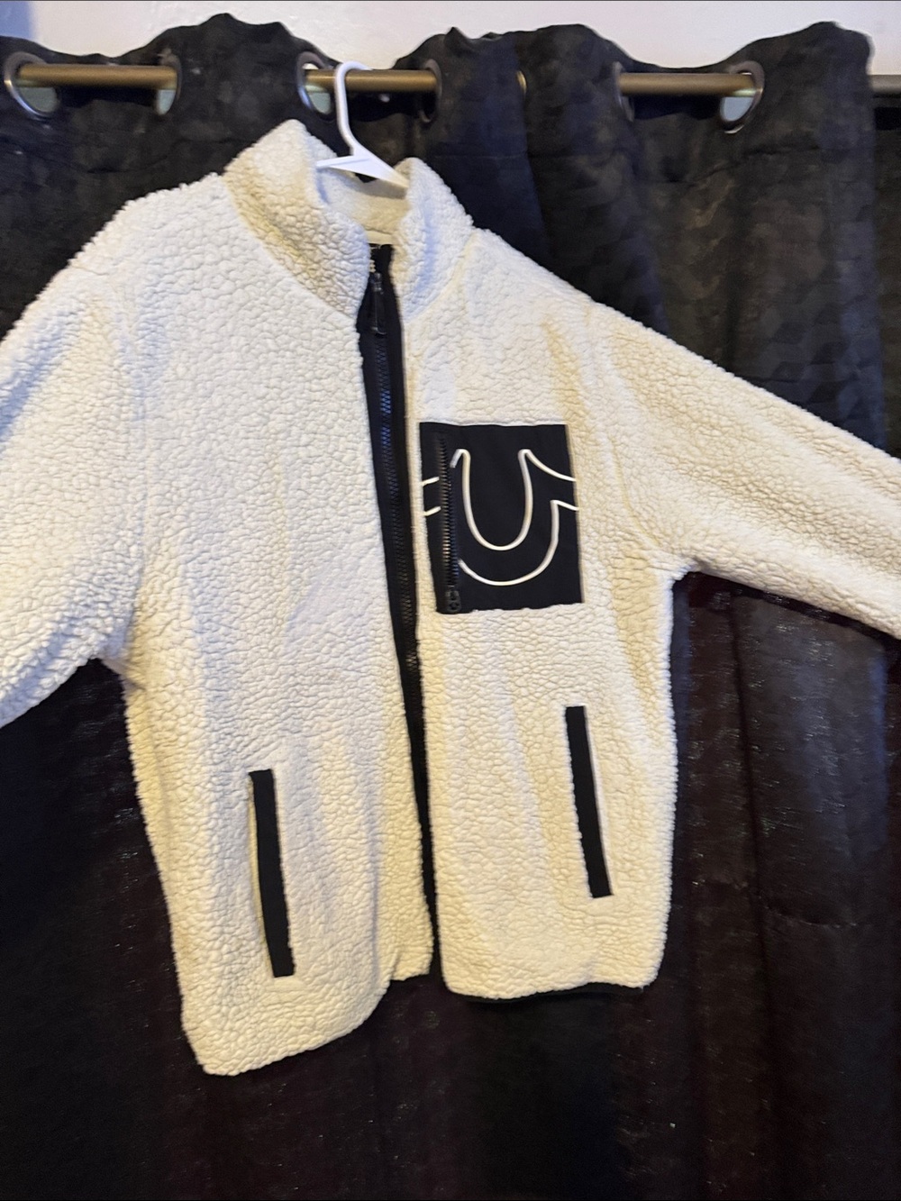 True Religion Cream Sherpa Zip Jacket with Black Accents